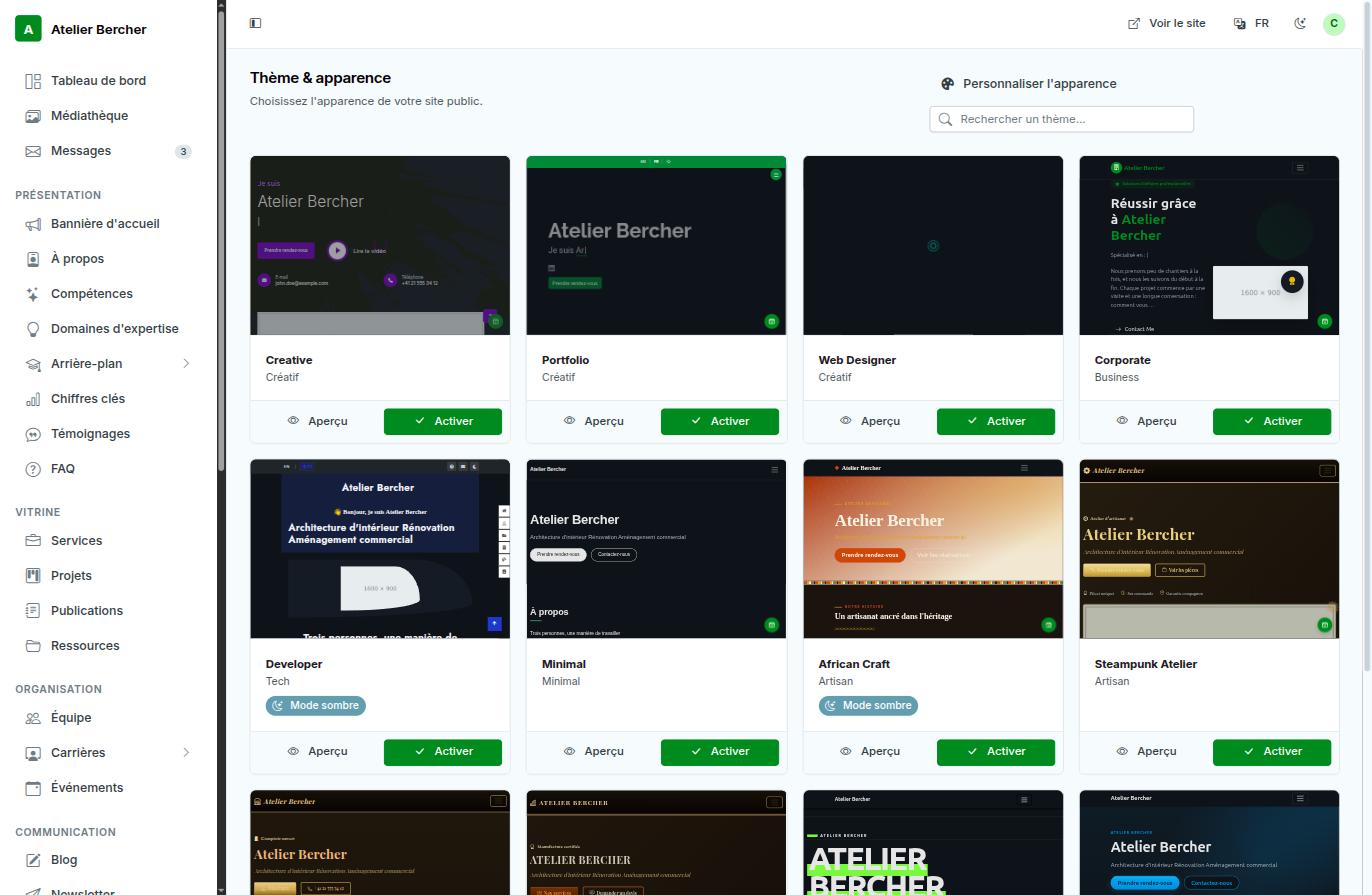 A galeria de temas: cada cartão mostra um tema com o seu próprio conteúdo, com os botões Pré-visualizar e Ativar.